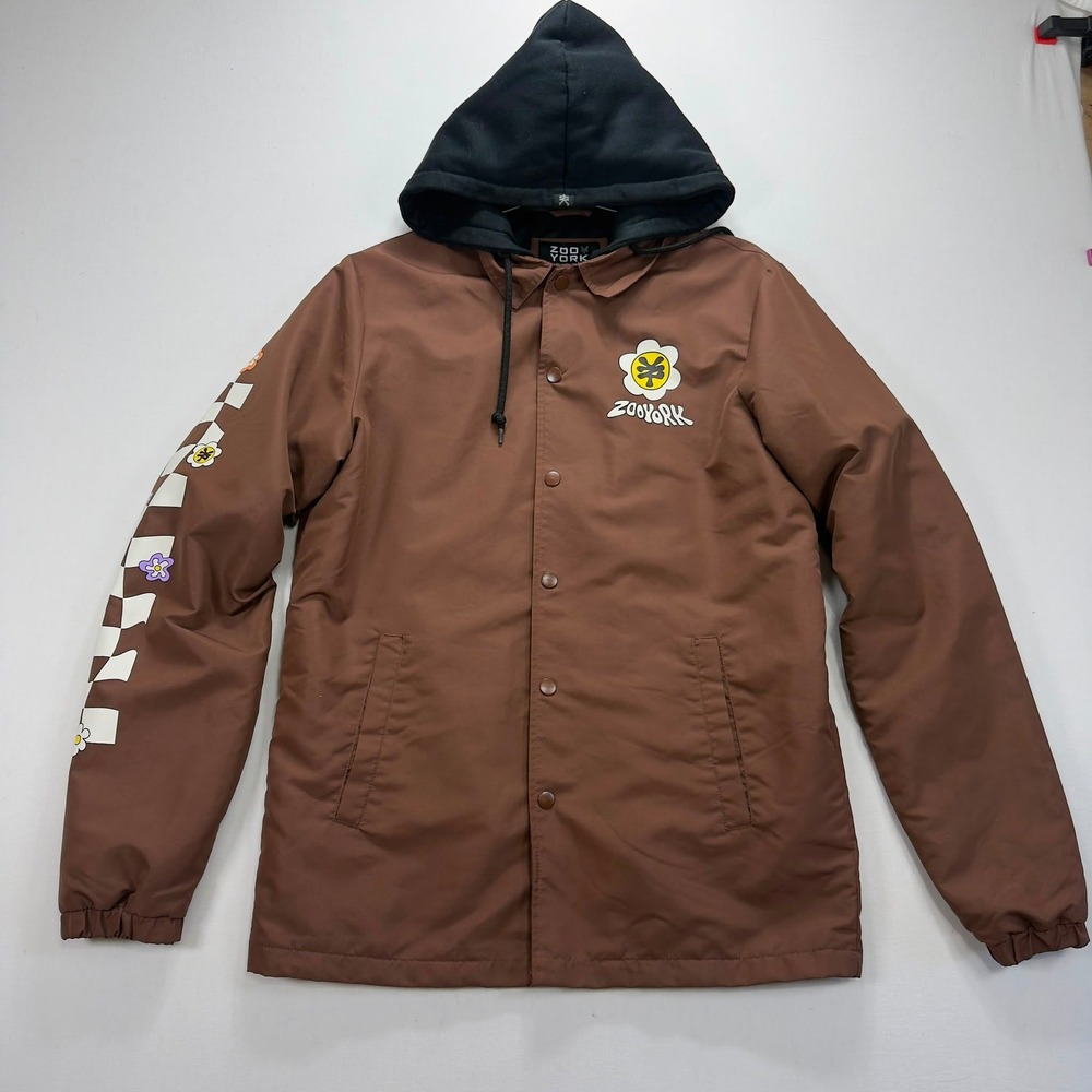 Zoo York Hooded Jacket Brown Floral Checkerboard Skate Streetwear Y2K Size S